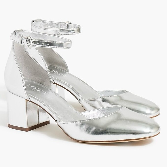 $148 NWOT J. Crew Silver Metallic Round Toe Ankle Strap Block Heels Size 9